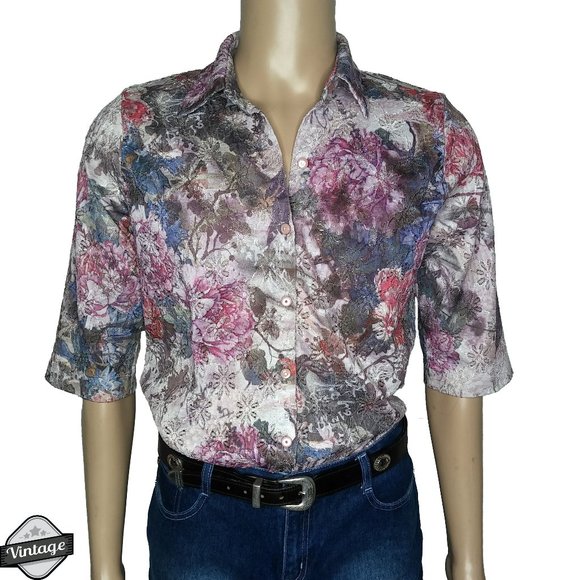 Vintage Tops - Vintage Floral Lace Eyelet Button Front Blouse